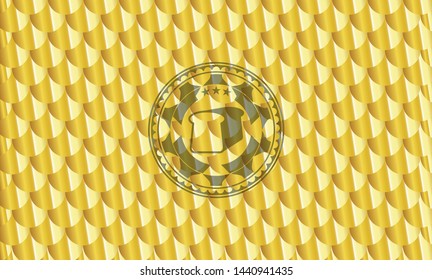 bread icon inside shiny golden emblem. Scales pattern. Vector Illustration. Detailed.