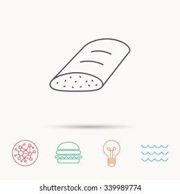 Bread icon. Natural food sign. Bakery symbol. Global connect network, ocean wave and burger icons. Lightbulb lamp symbol.