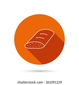 Bread icon. Natural food sign. Bakery symbol. Round orange web button with shadow.