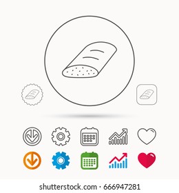 Bread icon. Natural food sign. Bakery symbol. Calendar, Graph chart and Cogwheel signs. Download and Heart love linear web icons. Vector