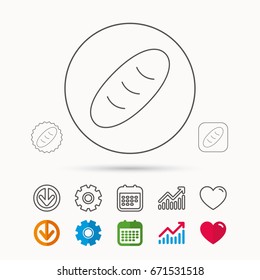 Bread icon. Natural food sign. Bakery symbol. Calendar, Graph chart and Cogwheel signs. Download and Heart love linear web icons. Vector