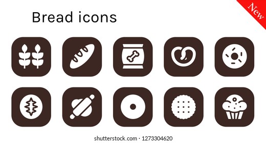  bread icon set. 10 filled bread icons. Simple modern icons about  - Wheat, Bread, Food, Pretzel, Doughnut, Sourdough, Rolling pin, Donut, Biscuit, Muffin