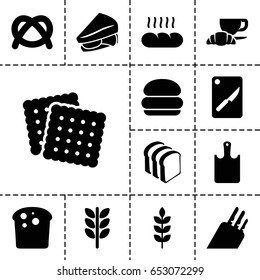 Bread icon. set of 13 filled breadicons such as wheat, cookies, sandwich, bread slices, coffee and croissant, bread, chopping board and knife, chopping board, knife, burger