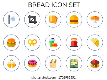 bread icon set. 15 flat bread icons.  Simple modern icons such as: christian, burger, crop, pretzel, fast food, hamburguer, toaster, baguette, sandwich, toast, donut, groceries