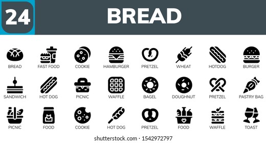 bread icon set. 24 filled bread icons.  Simple modern icons about  - Bread, Fast food, Cookie, Hamburger, Pretzel, Wheat, Hotdog, Burger, Sandwich, Hot dog, Picnic, Waffle, Bagel