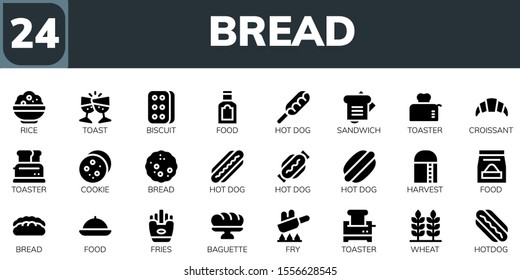 bread icon set. 24 filled bread icons.  Simple modern icons about  - Rice, Toast, Biscuit, Food, Hot dog, Sandwich, Toaster, Croissant, Cookie, Bread, Harvest, Fries, Baguette