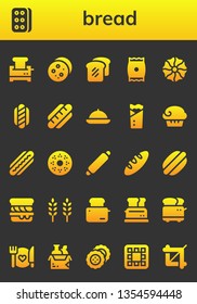 bread icon set. 26 filled bread icons.  Collection Of - Toaster, Biscuit, Cookie, Bread, Snack, Hot dog, Food, Kebab, Muffin, Doughnut, Rolling pin, Scone, Wheat, Waffle, Crop