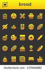 bread icon set. 26 filled bread icons.  Collection Of - Waffle, Crop, Cookie, Churros, Muffin, Fast food, Rolling pin, Rice, Pretzel, Donut, Hot dog, Burger, Scone, Doughnut, Fish food