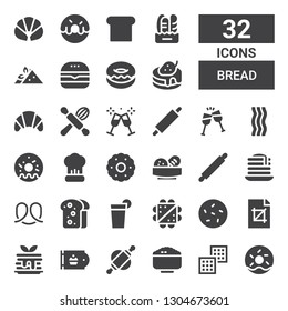 bread icon set. Collection of 32 filled bread icons included Doughnut, Waffle, Rice, Rolling pin, Bakery, Pancake, Crop, Cookie, Sandwich, Beverage, Toast, Pretzel, Bread, Biscuit