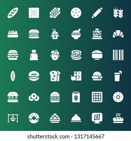 bread icon set. Collection of 36 filled bread icons included Baguette, Crop, Foods, Kanji vadas, Donut, Cooking, Biscuit, Waffle, Cereal, Hamburger, Doughnut, Beverage, Burger