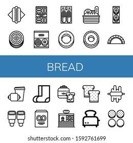 bread icon set. Collection of Hot dog, Cookie, Snack, Donut, Pancake, Bagel, Bread, Cookies, Cheburek, Croissant, Pastry, Valenki, Pretzel, Peanut butter, Bakery, Toast icons