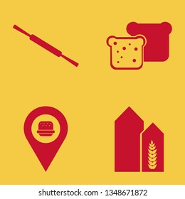 bread icon set with fastfood location, wheat harvest growth and bread slices vector illustration