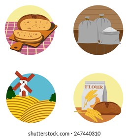 Bread icon set with mill, flour and bread. Vector, EPS 10
