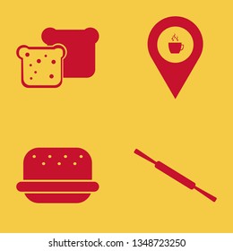 bread icon set with bread slices, coffeeshop location and burger vector illustration