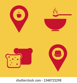 bread icon set with bread slices, soup and coffeeshop location vector illustration