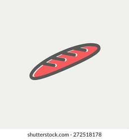 Linha fina de ícone de pão para web e móvel, design plano minimalista moderno. Ícone de vetor com contorno cinza escuro e cor de deslocamento no plano de fundo cinza claro.