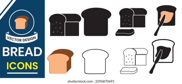 Bread icon, vector set. Sliced bread flat vector icon for food apps, logo, websites. Slice Bread, bakery icon, toasted slice bread vector silhouette isolated on white background.  Vector illustration.