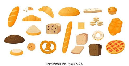 Bread icons. Cartoon wheat bakery products, baguette bagel croissant loaf. Vector pastry collection