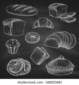 Bread icons. Chalk sketch on blackboard. Vector wheat bread loaf brick, sliced rye bread toasts, crunch pie, chocolate muffin with croissant or cupcake. Bakery shop, pastry or patisserie design