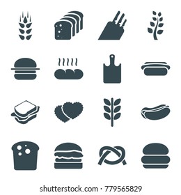 Bread icons. set of 16 editable filled bread icons such as wheat, bread, burger, hot dog, sandwich, chopping board, knife, cookies