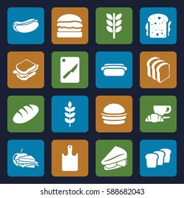 bread icons set. Set of 16 bread filled icons such as wheat, burger, hot dog, sandwich, coffee and croissant, sandwich and apple, chopping board and knife