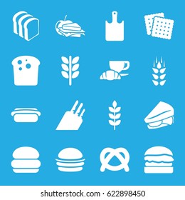 Bread icons set. set of 16 bread filled icons such as wheat, cookies, burger, sandwich, coffee and croissant, sandwich and apple, hot dog, chopping board, knife