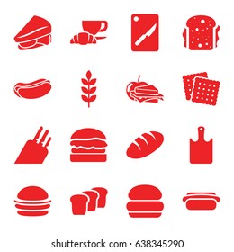 Bread icons set. set of 16 bread filled icons such as wheat, bread, cookies, burger, hot dog, sandwich, coffee and croissant, sandwich and apple, chopping board and knife