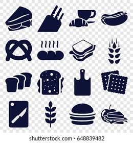 Bread icons set. set of 16 bread filled icons such as wheat, cookies, burger, hot dog, sandwich, coffee and croissant, sandwich and apple, bread, chopping board and knife