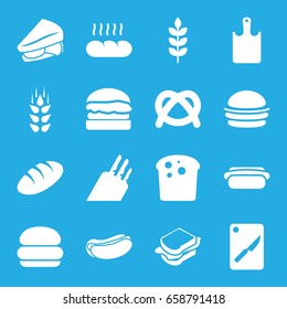 Bread icons set. set of 16 bread filled icons such as wheat, bread, burger, hot dog, sandwich, chopping board and knife, chopping board, knife