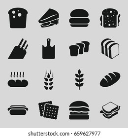 Bread icons set. set of 16 bread filled icons such as wheat, cookies, sandwich, burger, hot dog, chopping board