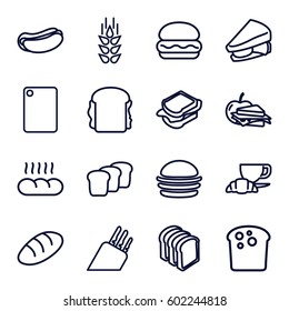 bread icons set. Set of 16 bread outline icons such as wheat, burger, hot dog, sandwich, coffee and croissant, sandwich and apple, chopping board and knife