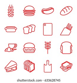 Bread icons set. set of 16 bread outline icons such as wheat, burger, hot dog, sandwich, coffee and croissant, chopping board and knife, chopping board