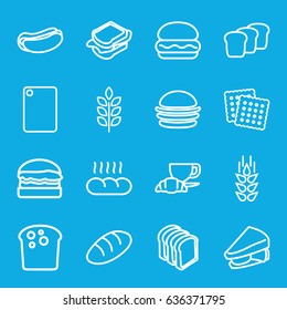 Bread icons set. set of 16 bread outline icons such as wheat, cookies, burger, hot dog, sandwich, coffee and croissant