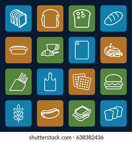 Bread icons set. set of 16 bread outline icons such as wheat, cookies, hot dog, sandwich, coffee and croissant, sandwich and apple, chopping board and knife, chopping board