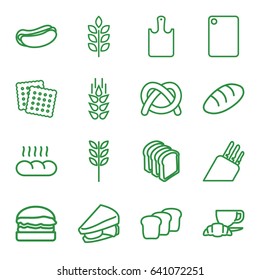 Bread icons set. set of 16 bread outline icons such as wheat, cookies, hot dog, sandwich, coffee and croissant, burger, chopping board and knife, chopping board, knife