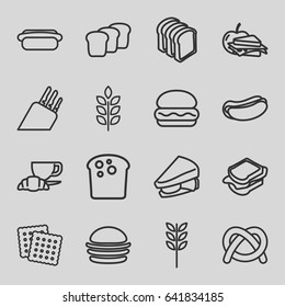 Bread icons set. set of 16 bread outline icons such as wheat, cookies, burger, hot dog, sandwich, coffee and croissant, sandwich and apple, knife