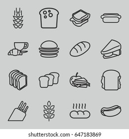 Bread icons set. set of 16 bread outline icons such as wheat, burger, hot dog, sandwich, coffee and croissant, sandwich and apple