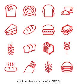 Bread icons set. set of 16 bread outline icons such as wheat, burger, sandwich, coffee and croissant, knife