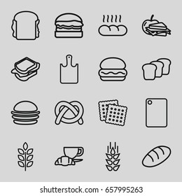 Bread icons set. set of 16 bread outline icons such as wheat, bread, cookies, burger, sandwich, coffee and croissant, sandwich and apple, chopping board and knife