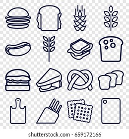 Bread icons set. set of 16 bread outline icons such as wheat, cookies, burger, hot dog, sandwich, bread, chopping board and knife, chopping board, knife