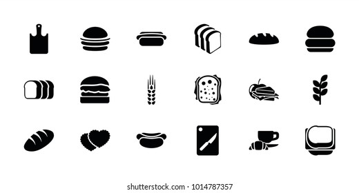 Bread icons. set of 18 editable filled bread icons: burger, sandwich and apple, hot dog, chopping board and knife, chopping board, wheat, cookies, sandwich