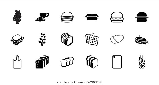 Bread icons. set of 18 editable filled and outline bread icons: sandwich, coffee and croissant, hot dog, wheat, cookies, burger