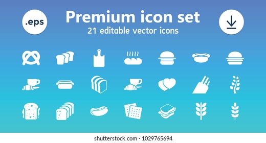 Bread icons. set of 21 editable filled bread icons includes wheat, cookies, pretzel, hot dog, sandwich, coffee and croissant, chopping board, knife