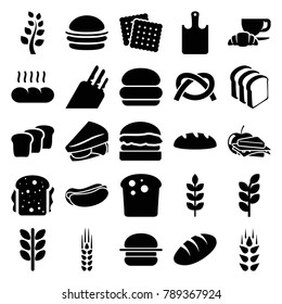 Bread icons. set of 25 editable filled bread icons such as wheat, cookies, burger, hot dog, sandwich, coffee and croissant, sandwich and apple, chopping board, knife