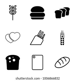 Bread icons. set of 9 editable filled and outline bread icons such as bread, burger, wheat, chopping board and knife, knife