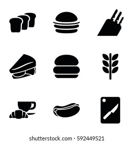bread icons set. Set of 9 bread filled icons such as burger, hot dog, sandwich, coffee and croissant, bread, chopping board and knife, knife