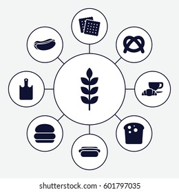 bread icons set. Set of 9 bread filled icons such as wheat, cookies, hot dog, coffee and croissant, chopping board, bread, burger