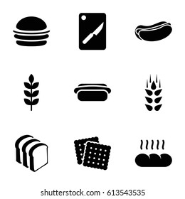 Bread icons set. set of 9 bread filled icons such as wheat, cookies, burger, hot dog