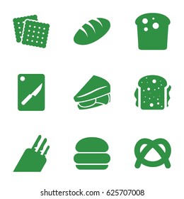 Bread icons set. set of 9 bread filled icons such as bread, cookies, sandwich, chopping board and knife, knife, burger