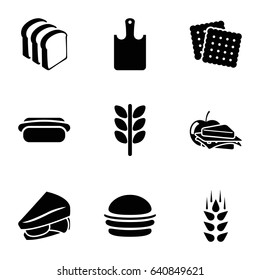 Bread icons set. set of 9 bread filled icons such as wheat, cookies, burger, sandwich, bread slices, sandwich and apple, hot dog